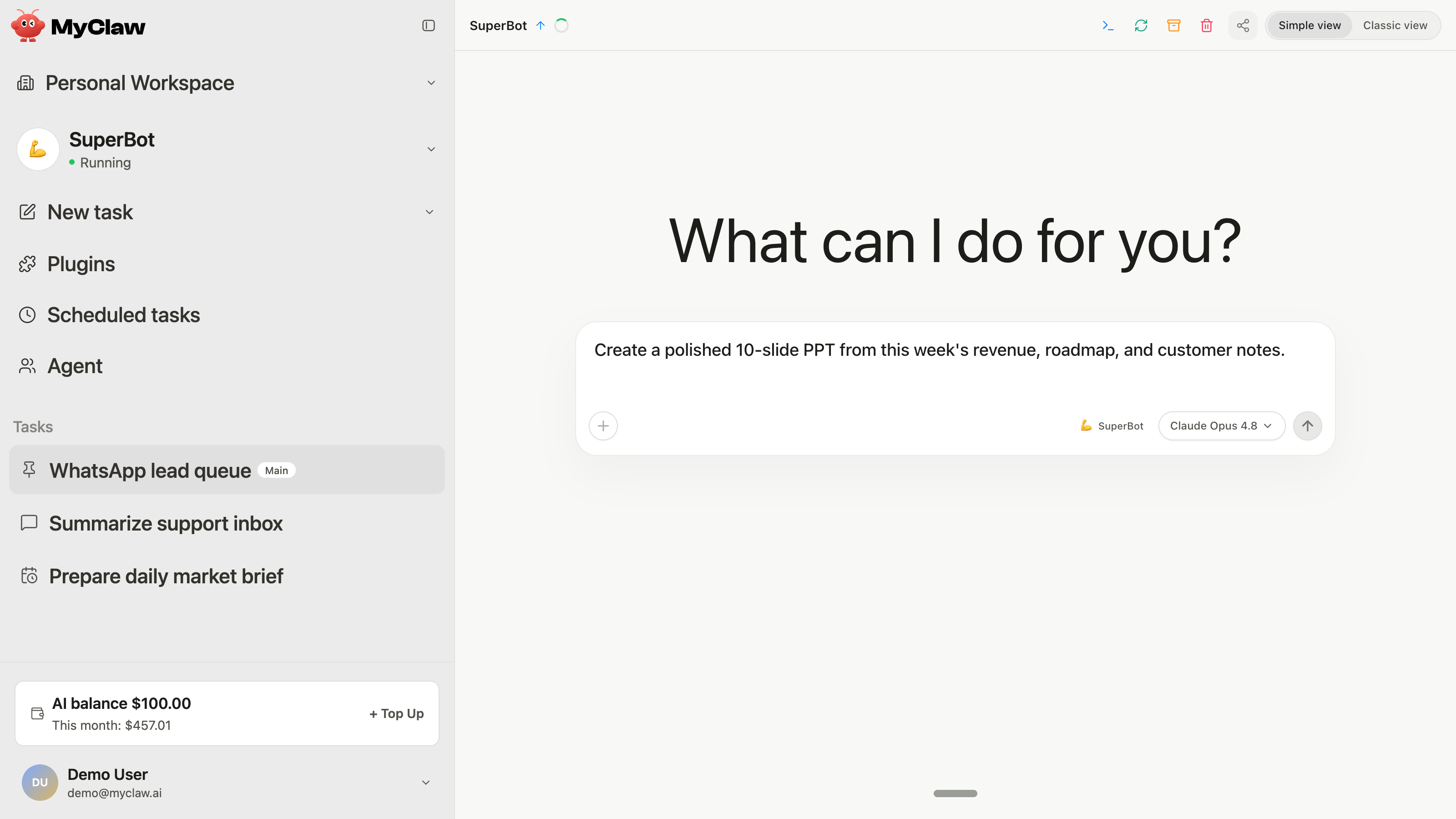 Clean MyClaw simple UI product screenshot